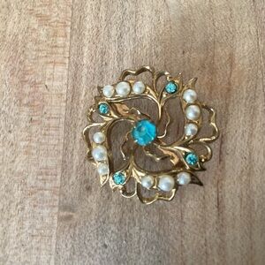 Vintage Coro Gold-Tone Pearl & Aqua Crystal Floral Brooch